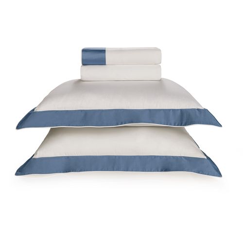 Jogo de Cama Casal Trussardi 300 Fios Cetim 100% Algodão Egípcio Savona Branco/Azul